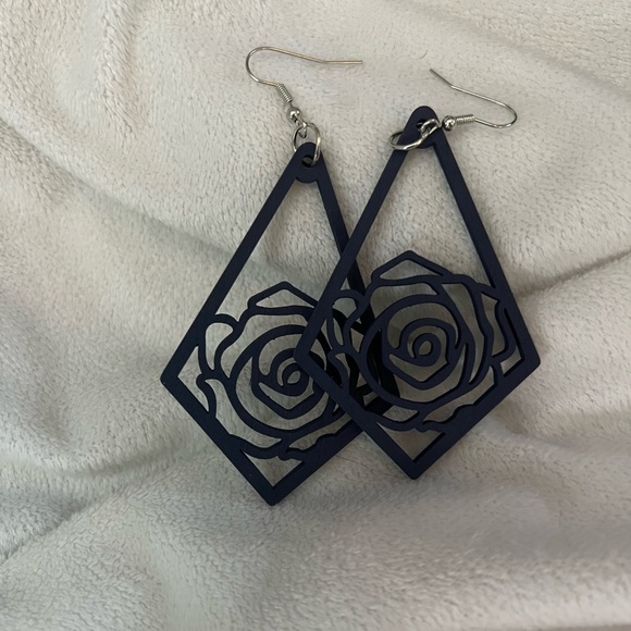 2.75” Blue Wood Diecut Earrings with Rose Design - Picture 2 of 2